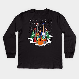 Guitar Santa Hat Christmas Tree Music Loves Xmas Kids Long Sleeve T-Shirt